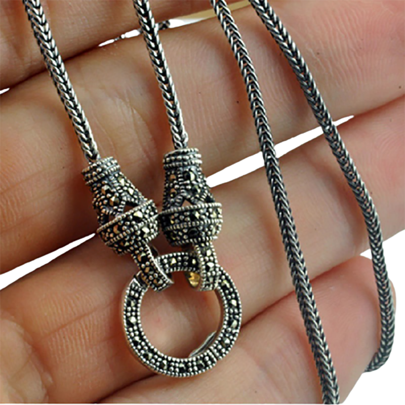 Retro Long Chain with Real Silver / Marcasite Stone Pendant / S925 Sterling Silver Jewelry