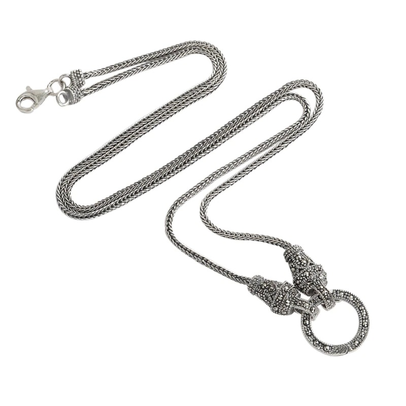 Retro Long Chain with Real Silver / Marcasite Stone Pendant / S925 Sterling Silver Jewelry