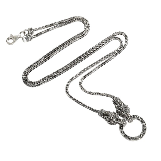 Retro Long Chain with Real Silver / Marcasite Stone Pendant / S925 Sterling Silver Jewelry