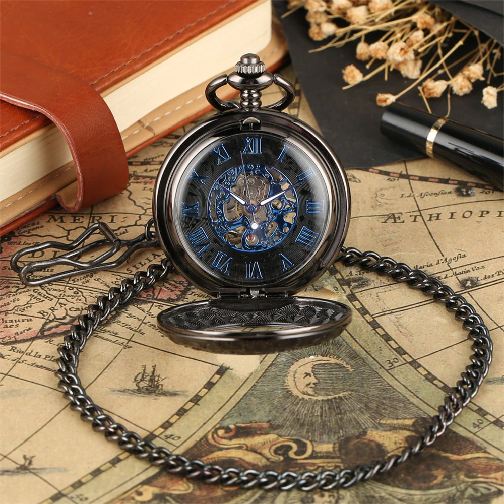 Retro Mechanical Watch with Blue Roman Numerals / Black Clock Pocket on Chain with Chic Pattern