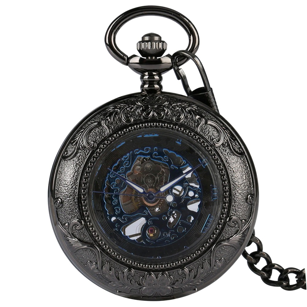 Retro Mechanical Watch with Blue Roman Numerals / Black Clock Pocket on Chain with Chic Pattern