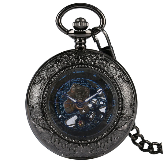 Retro Mechanical Watch with Blue Roman Numerals / Black Clock Pocket on Chain with Chic Pattern