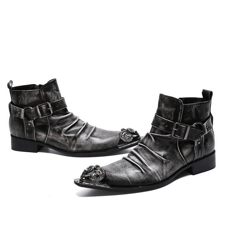 Retro Men's Zipper Buckle Straps Boots / Metal Toe Genuine Leather Ankle Boots in Rock Style