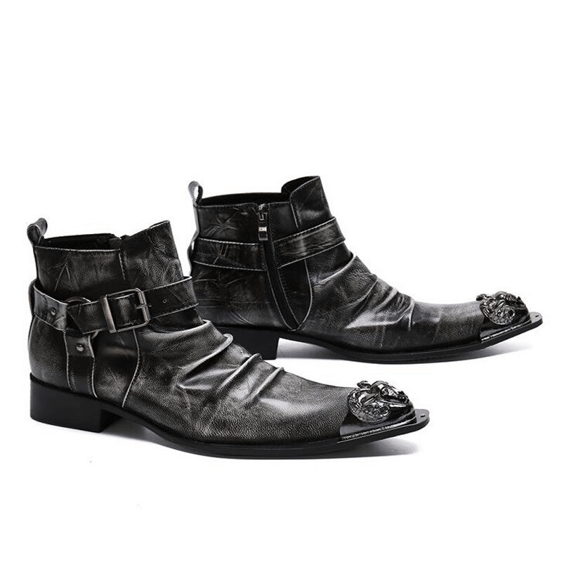 Retro Men's Zipper Buckle Straps Boots / Metal Toe Genuine Leather Ankle Boots in Rock Style
