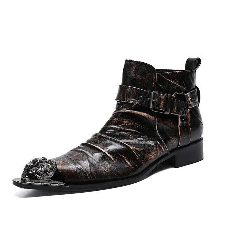 Retro Men's Zipper Buckle Straps Boots / Metal Toe Genuine Leather Ankle Boots in Rock Style