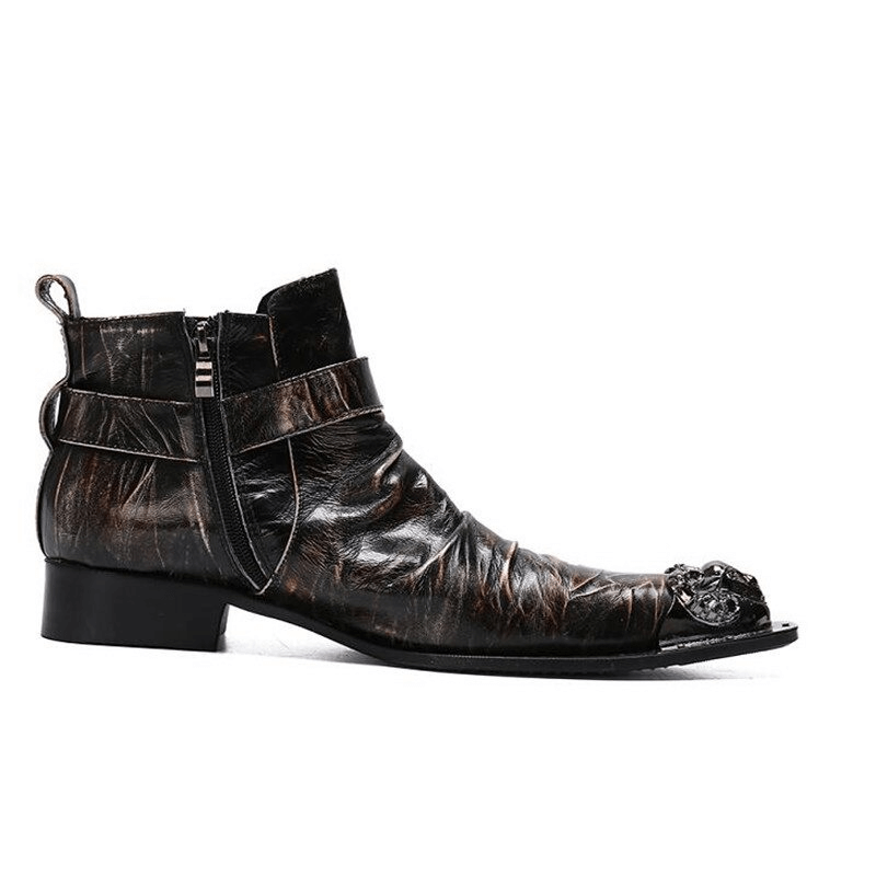 Retro Men's Zipper Buckle Straps Boots / Metal Toe Genuine Leather Ankle Boots in Rock Style