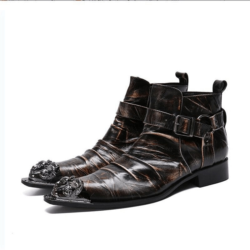 Retro Men's Zipper Buckle Straps Boots / Metal Toe Genuine Leather Ankle Boots in Rock Style