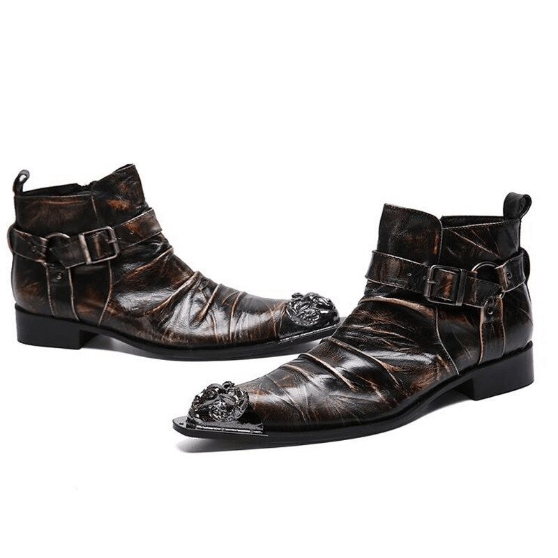 Retro Men's Zipper Buckle Straps Boots / Metal Toe Genuine Leather Ankle Boots in Rock Style