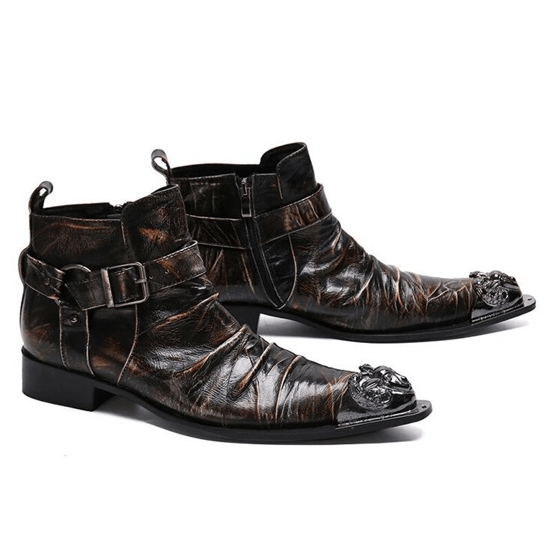 Retro Men's Zipper Buckle Straps Boots / Metal Toe Genuine Leather Ankle Boots in Rock Style