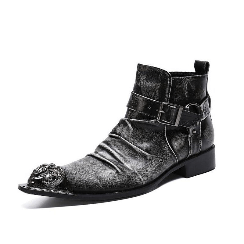 Retro Men's Zipper Buckle Straps Boots / Metal Toe Genuine Leather Ankle Boots in Rock Style