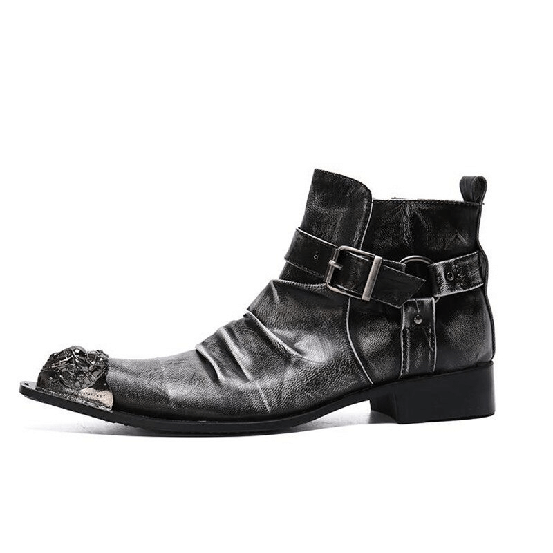 Retro Men's Zipper Buckle Straps Boots / Metal Toe Genuine Leather Ankle Boots in Rock Style