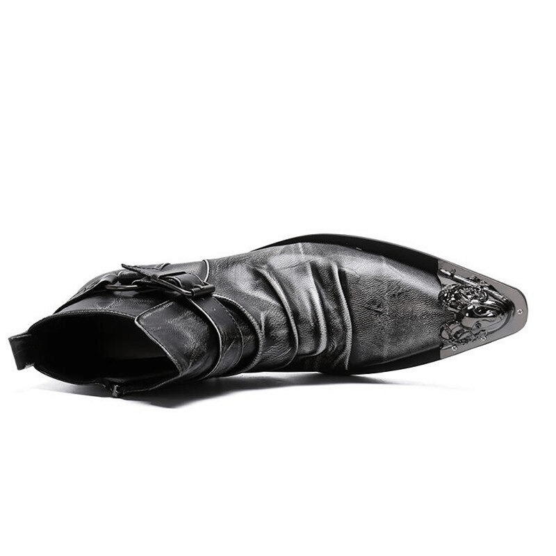 Retro Men's Zipper Buckle Straps Boots / Metal Toe Genuine Leather Ankle Boots in Rock Style