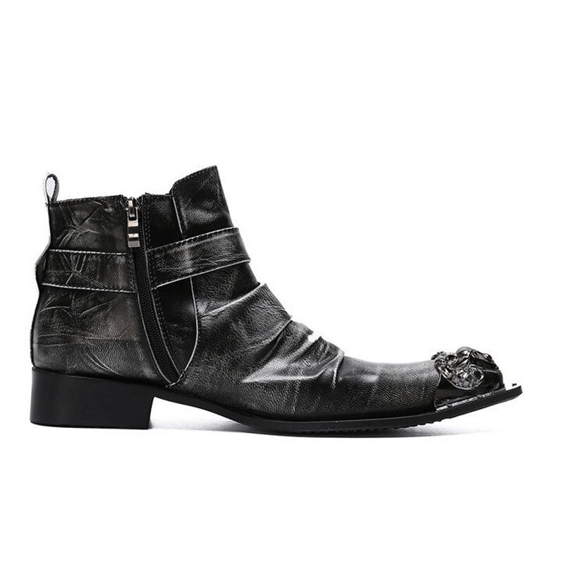 Retro Men's Zipper Buckle Straps Boots / Metal Toe Genuine Leather Ankle Boots in Rock Style