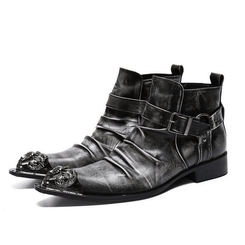 Retro Men's Zipper Buckle Straps Boots / Metal Toe Genuine Leather Ankle Boots in Rock Style