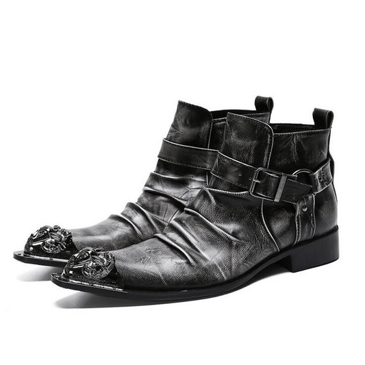 Retro Men's Zipper Buckle Straps Boots / Metal Toe Genuine Leather Ankle Boots in Rock Style