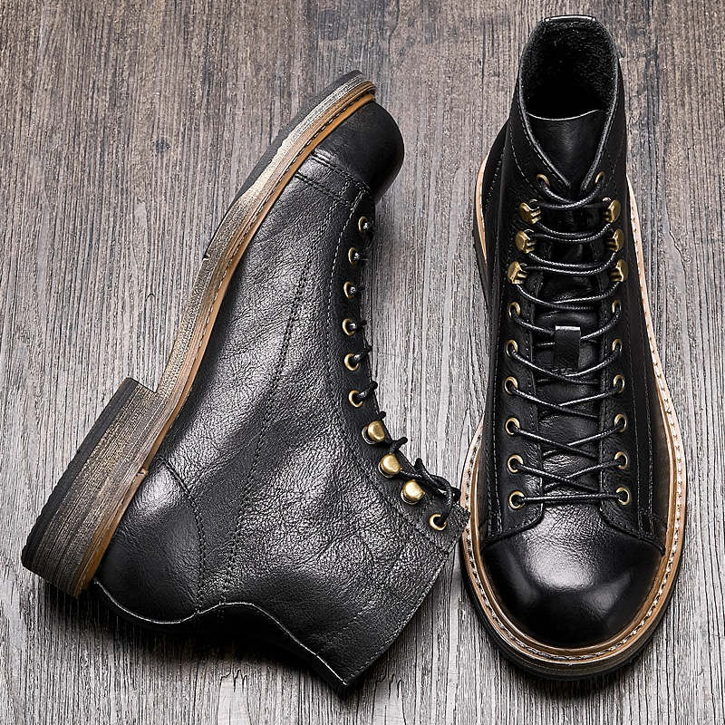 Retro Men's Big Round Toe Lace Up Ankle Boots / Casual Male Genuine Leather Shoes