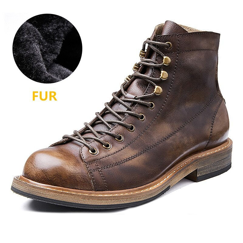 Retro Men's Big Round Toe Lace Up Ankle Boots / Casual Male Genuine Leather Shoes