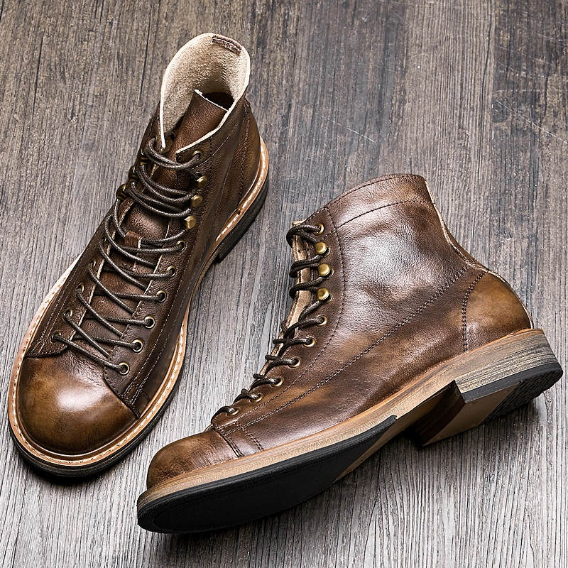 Retro Men's Big Round Toe Lace Up Ankle Boots / Casual Male Genuine Leather Shoes