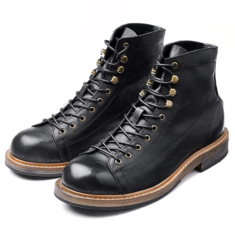 Retro Men's Big Round Toe Lace Up Ankle Boots / Casual Male Genuine Leather Shoes