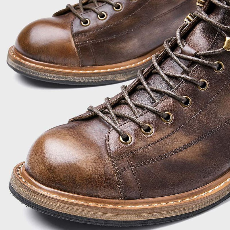 Retro Men's Big Round Toe Lace Up Ankle Boots / Casual Male Genuine Leather Shoes