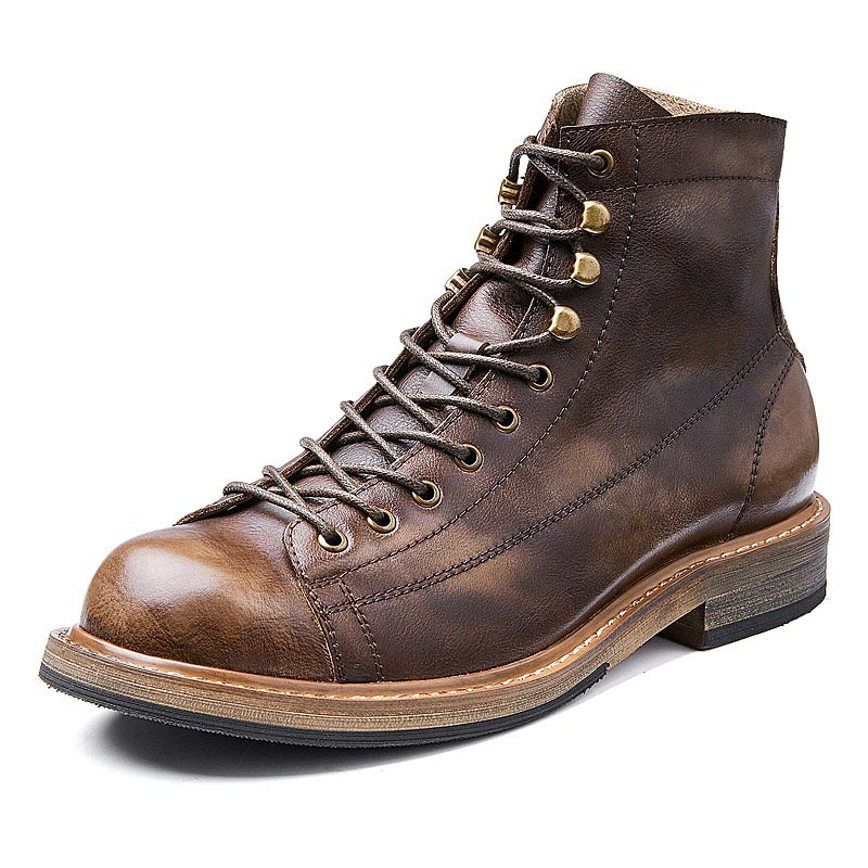 Retro Men's Big Round Toe Lace Up Ankle Boots / Casual Male Genuine Leather Shoes