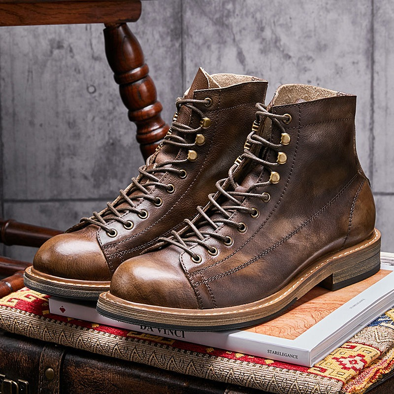 Retro Men's Big Round Toe Lace Up Ankle Boots / Casual Male Genuine Leather Shoes