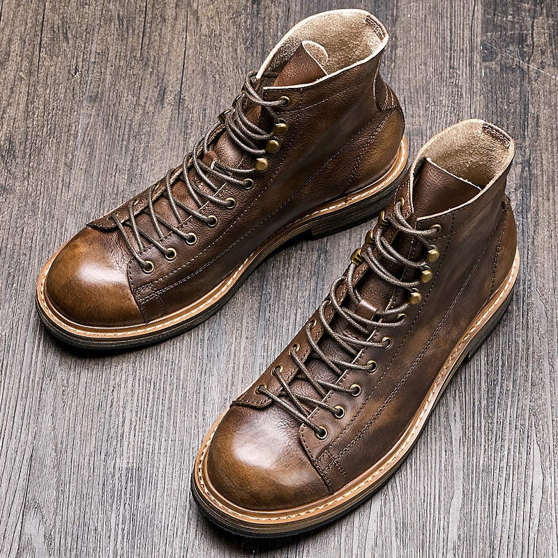 Retro Men's Big Round Toe Lace Up Ankle Boots / Casual Male Genuine Leather Shoes