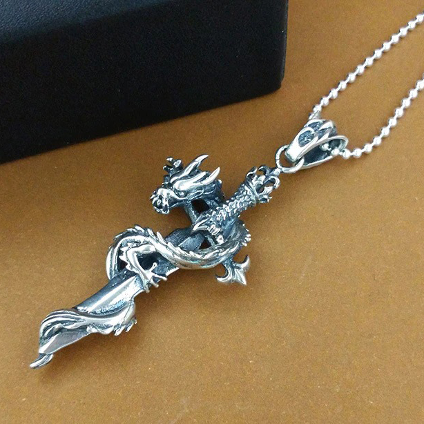 Retro Pendant in form Holy Sword with Hovering Dragon / Fashion Jewelry of real s925 Pure Silver