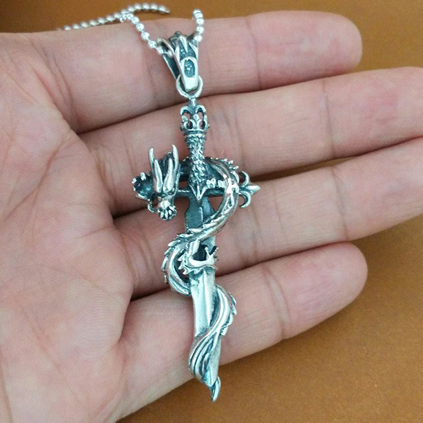 Retro Pendant in form Holy Sword with Hovering Dragon / Fashion Jewelry of real s925 Pure Silver