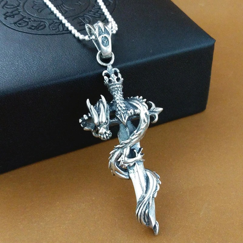 Retro Pendant in form Holy Sword with Hovering Dragon / Fashion Jewelry of real s925 Pure Silver