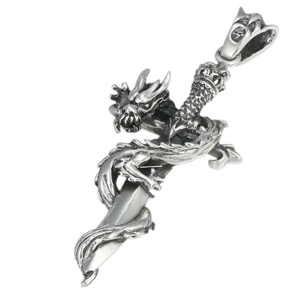 Retro Pendant in form Holy Sword with Hovering Dragon / Fashion Jewelry of real s925 Pure Silver