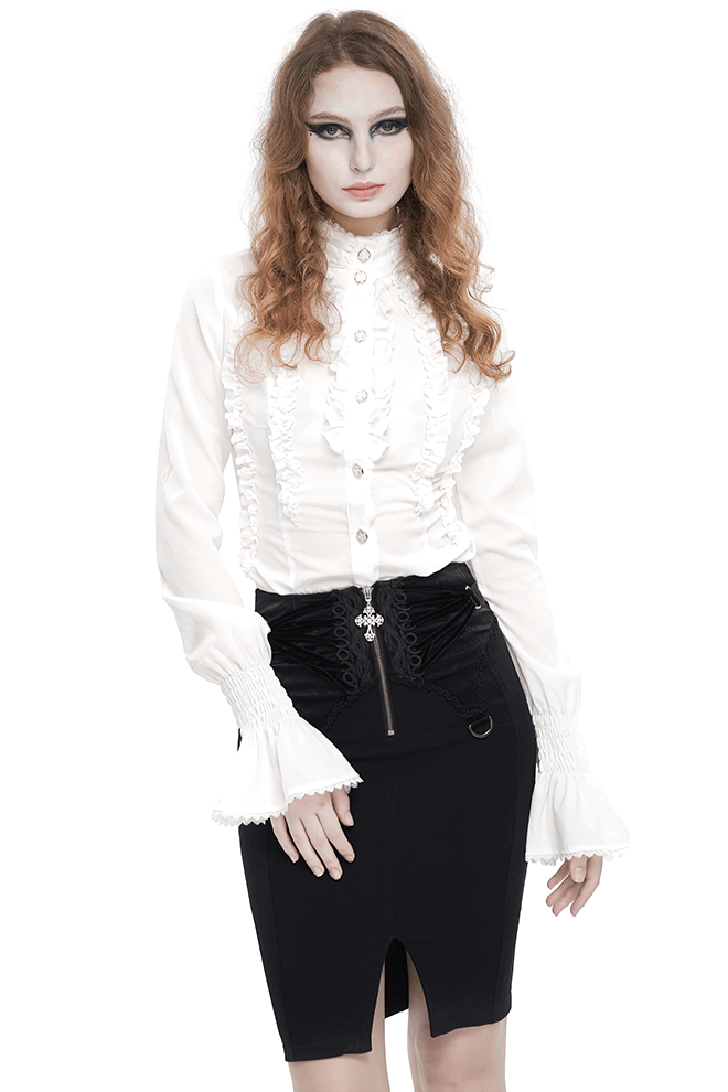 Retro Ruffles Flared Cuff on Sleeves Shirt / Gothic Slim White Blouse