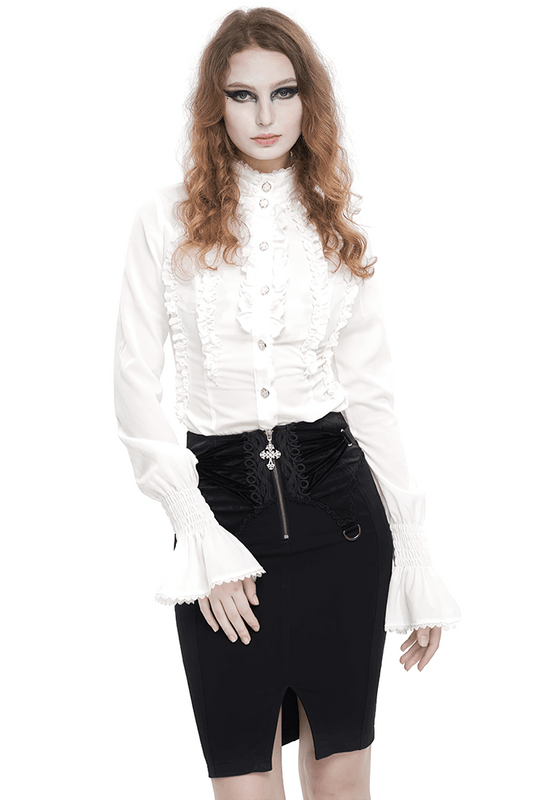 Retro Ruffles Flared Cuff on Sleeves Shirt / Gothic Slim White Blouse