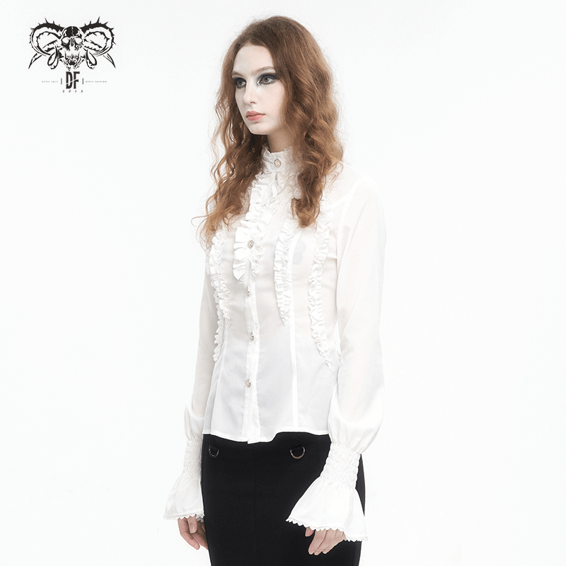 Retro Ruffles Flared Cuff on Sleeves Shirt / Gothic Slim White Blouse