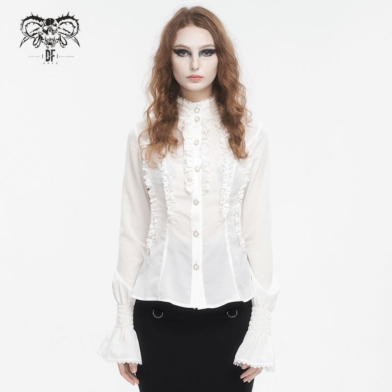 Retro Ruffles Flared Cuff on Sleeves Shirt / Gothic Slim White Blouse