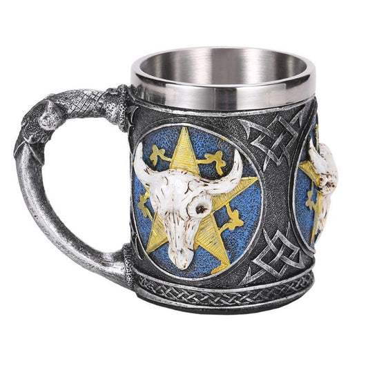 Retro Viking Pub Bar Mug with Bull King / Resin and Stainless Steel Beer 450ml Mug