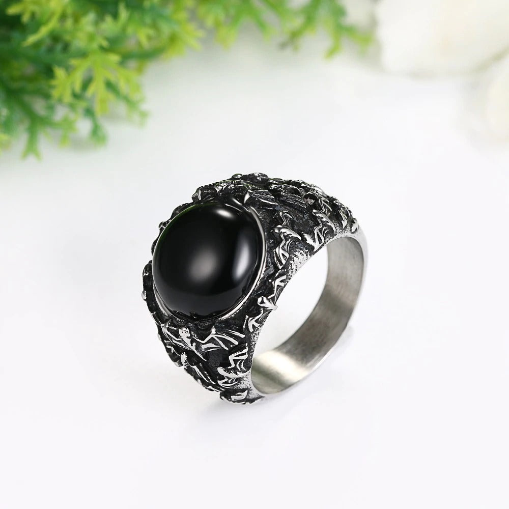 Retro Vintage Gothic Black Stainless Steel Ring With Tiger Eye / Rocker Jewelry