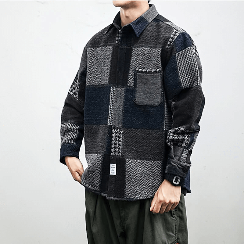Retro Woolen Stitching Plaid Shirt / Fashion Buttons Thick Shirts / Casual Loose Men's Clothes