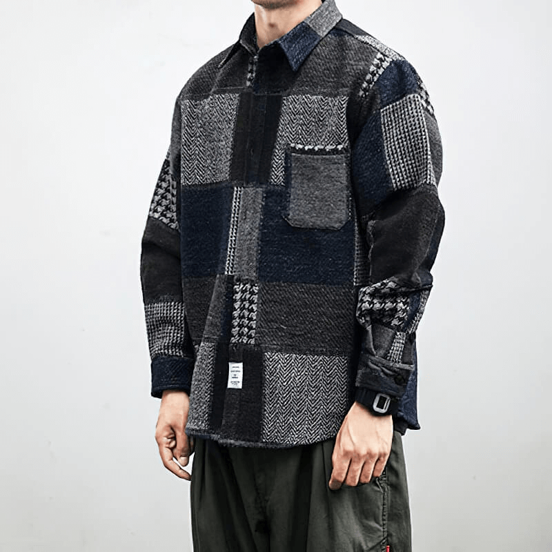 Retro Woolen Stitching Plaid Shirt / Fashion Buttons Thick Shirts / Casual Loose Men's Clothes