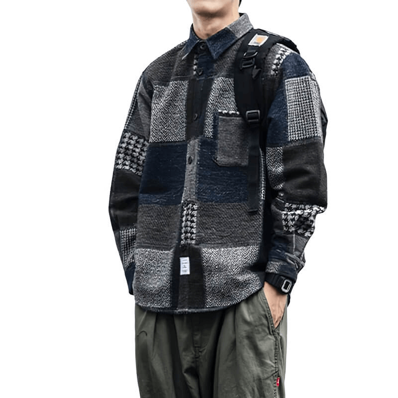 Retro Woolen Stitching Plaid Shirt / Fashion Buttons Thick Shirts / Casual Loose Men's Clothes