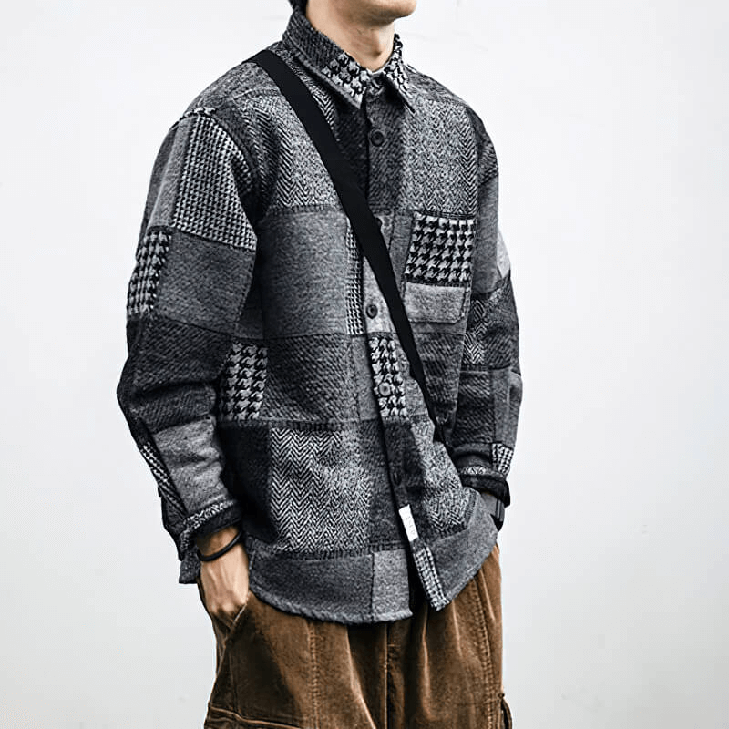 Retro Woolen Stitching Plaid Shirt / Fashion Buttons Thick Shirts / Casual Loose Men's Clothes
