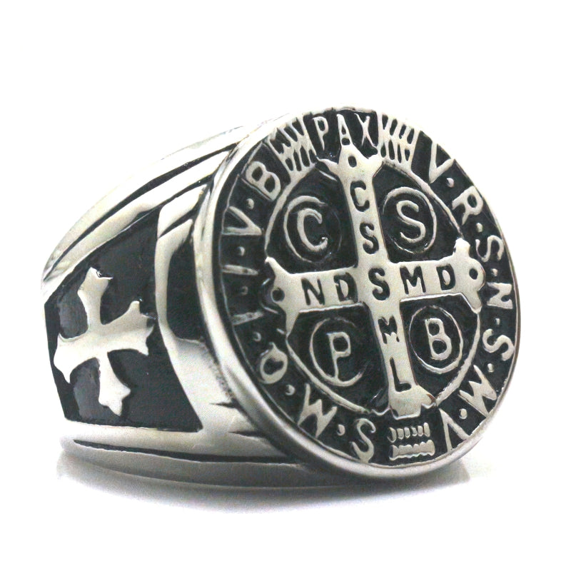 Ring With CSPB CSSML NDSMD Symbol / Saint Benedict Of Nursia Ring / Men's And Women's Black Ring