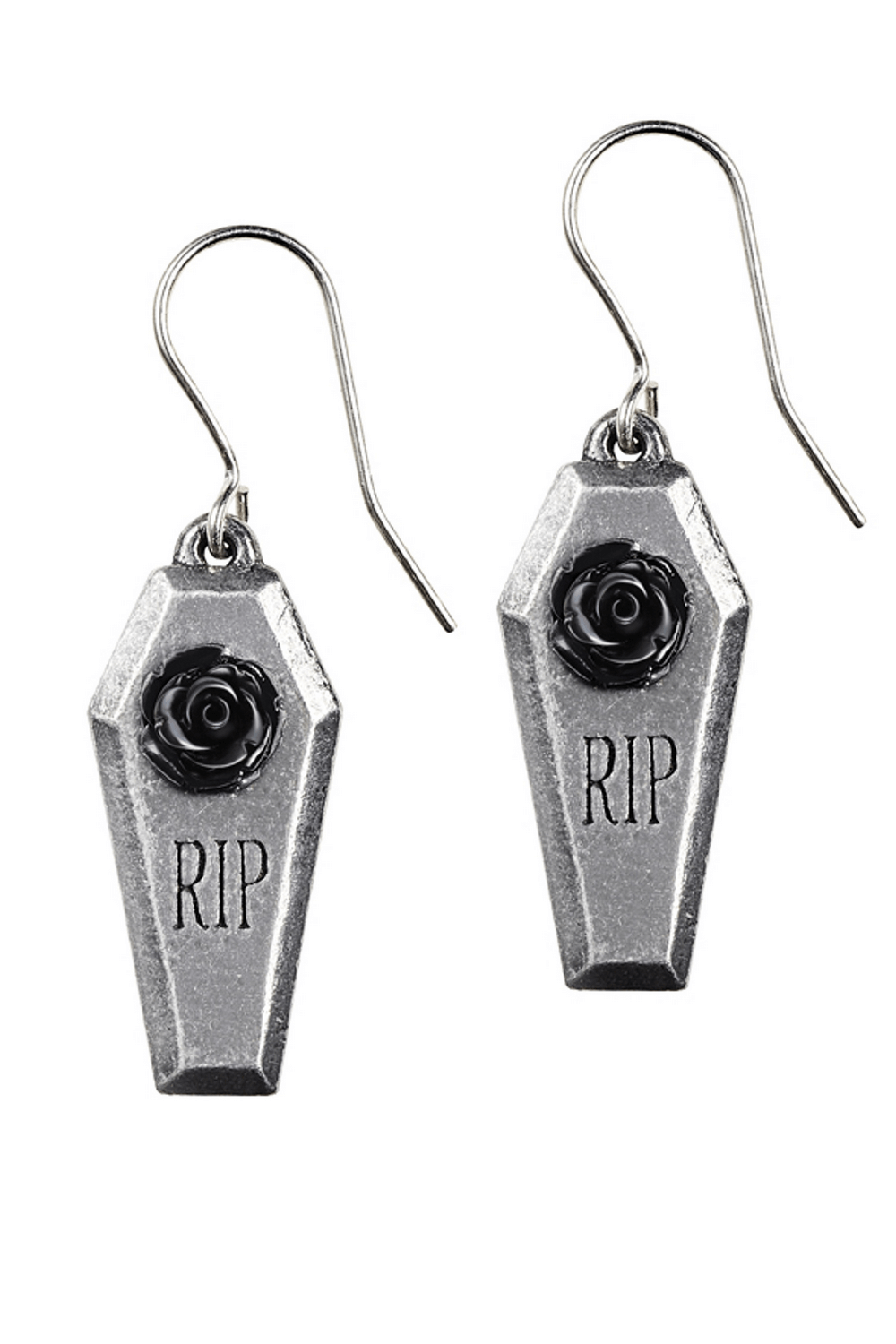 RIP Rose Coffin Earrings with Black Resin Rose Detail
