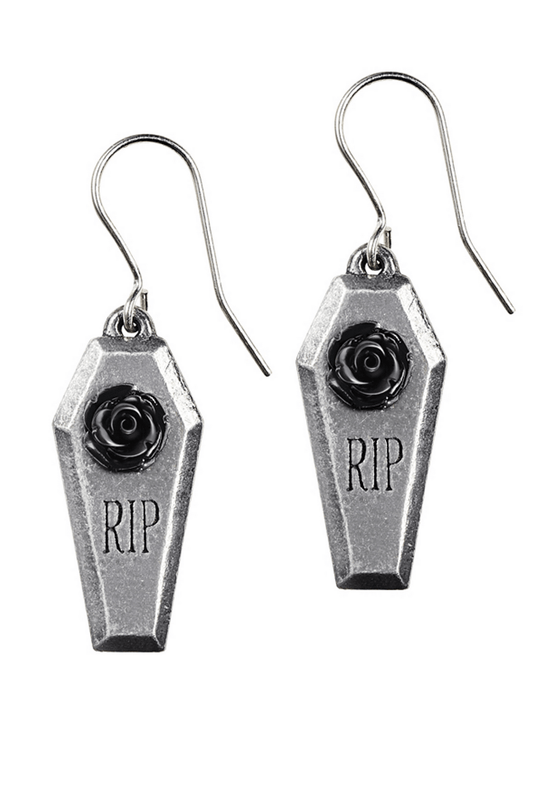 RIP Rose Coffin Earrings with Black Resin Rose Detail