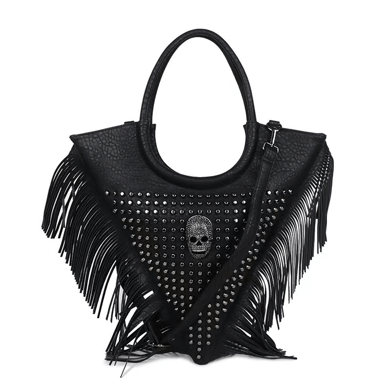 Rivets Skull Crossbody Bag with Tassels / Women's Large Capacity Handbag