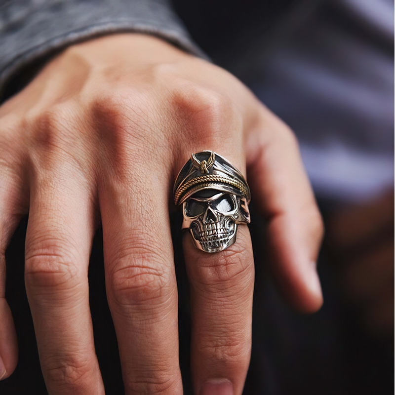 Rock Style Adjustable Ring With Pirate Captain Skull / Unisex 925 Sterling Silver Jewelry