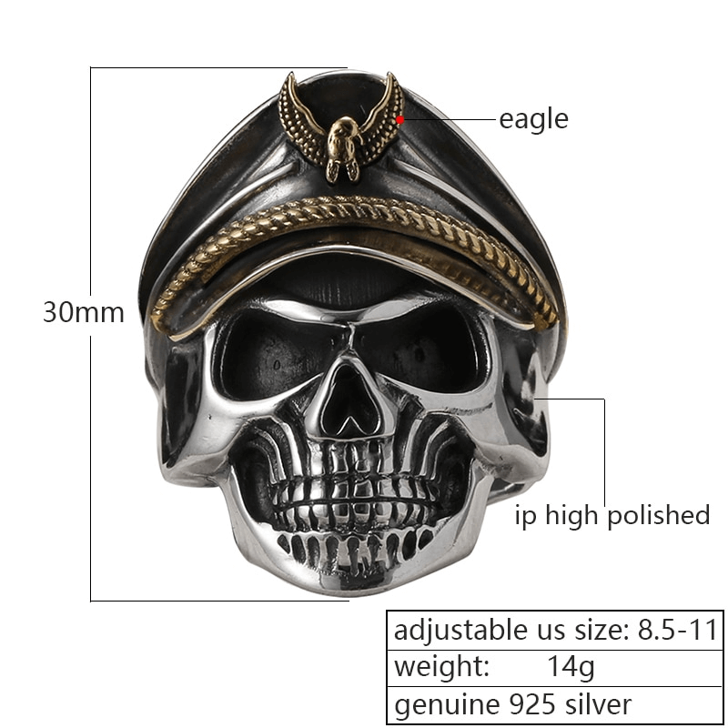 Rock Style Adjustable Ring With Pirate Captain Skull / Unisex 925 Sterling Silver Jewelry