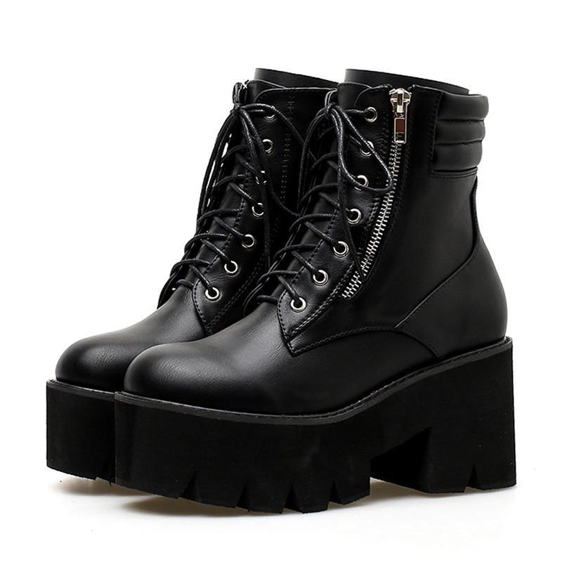Rock Style Ankle Boots For Women / Chunky Heels Lacing Boots