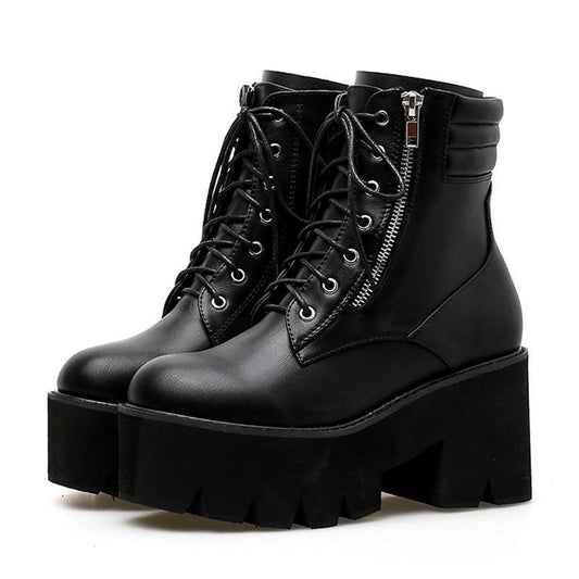Rock Style Ankle Boots For Women / Chunky Heels Lacing Boots