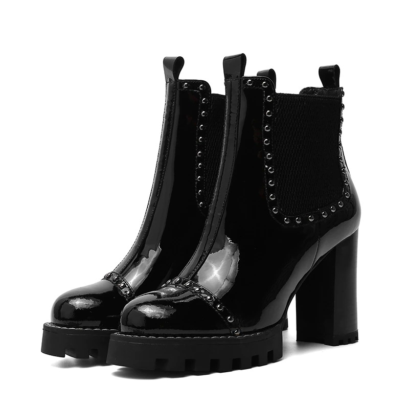 CLEARANCE / Rock Style Genuine Leather Ankle Boots / Round Toe Rivet Boots